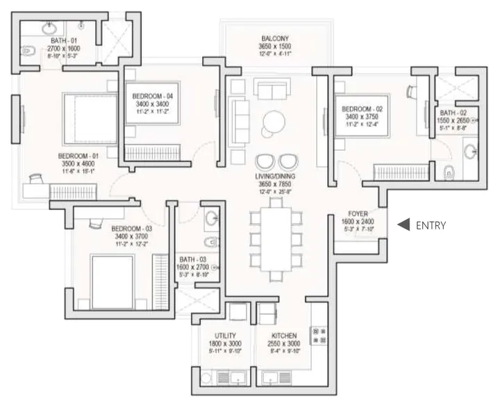4 BHK Lux floor plan - 2,102 sqft
